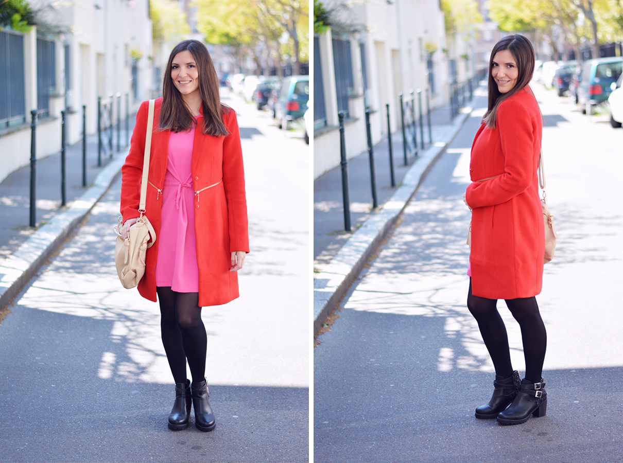 manteau rouge et robe rose